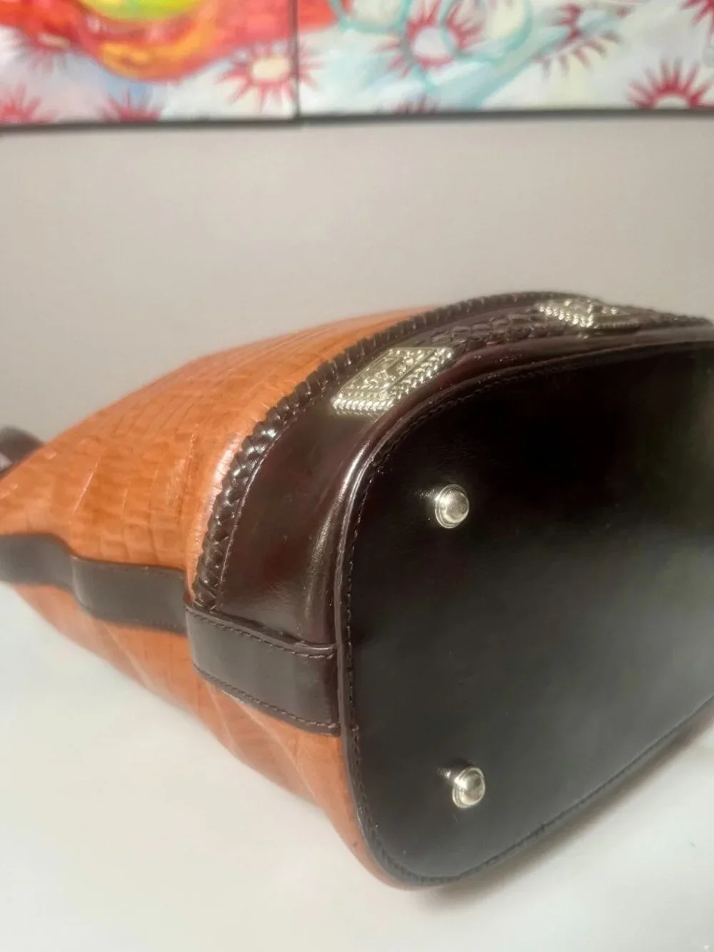 Brown Croc-Embossed Shoulder Tote with Silver Heart Hardware